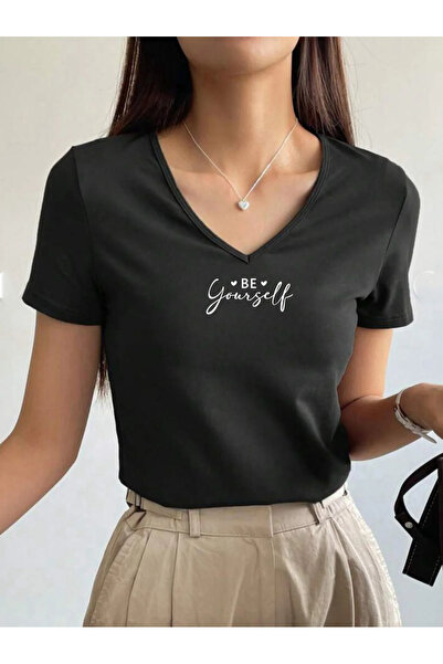 SUNFREE Slogan Be Yourself Printed V-Neck Basic Cotton Pack Women's Combed Co...