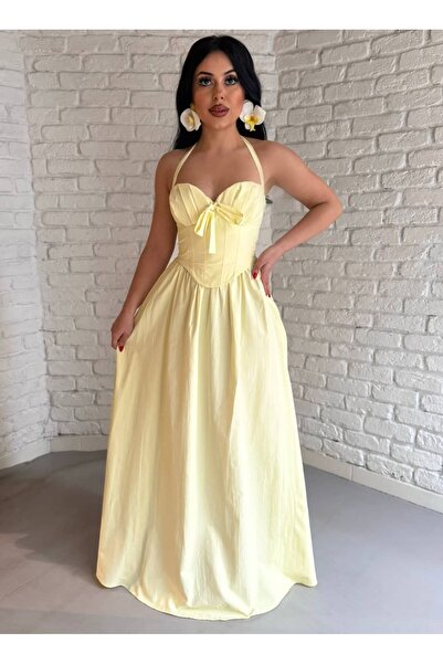 moneta boutique Women's Heart Collar Top Corset Detailed Poplin Dress