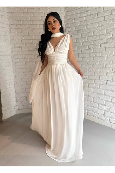 moneta boutique Women's V-Neck Long Chiffon Shawl Dress with Shoulder Accesso...