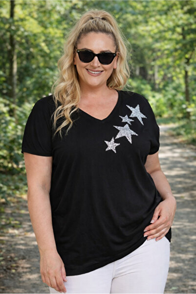 FOR ESRA BIG TREND Women's Plus Size Sequin Star Embroidery Front Back V-Neck...