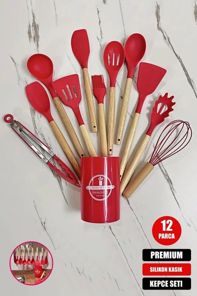 Saatistan 12'li Bambu Mutfak Seti, Silikon Kepçe, Spatula, Kaşık ve Maşa Paket