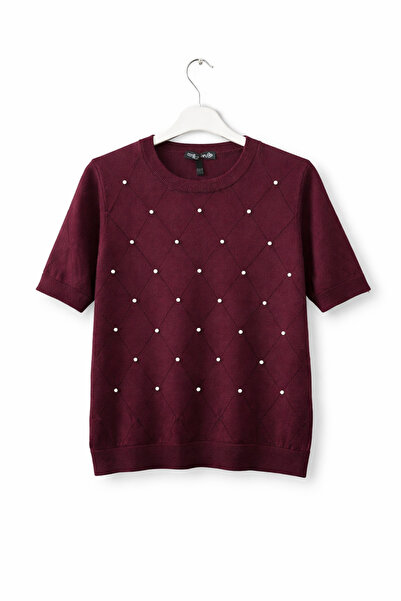 LUNERASTİL Kadın Bordo Taş Detaylı Triko Bluz