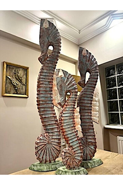 BARC Dekoratif Ahşap Deniz Atı 3'lü El yapımı 100-80-60 cm Bali Kızıl Çizgili...