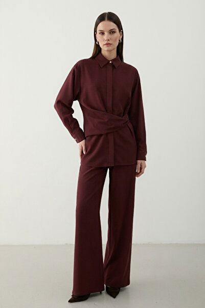 My Blog Bordo Gold Accessory Buttoned Shirt Trouser Set - 8856