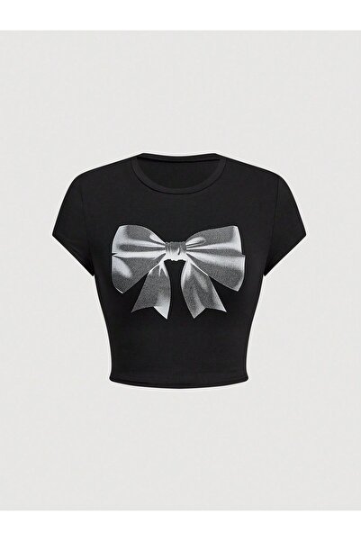 Violon Silver Ribbon Graphic Printed Black Cropped