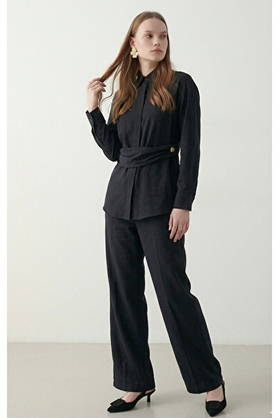 My Blog Black Gold Accessory Buttoned Shirt Pants Set - 8856