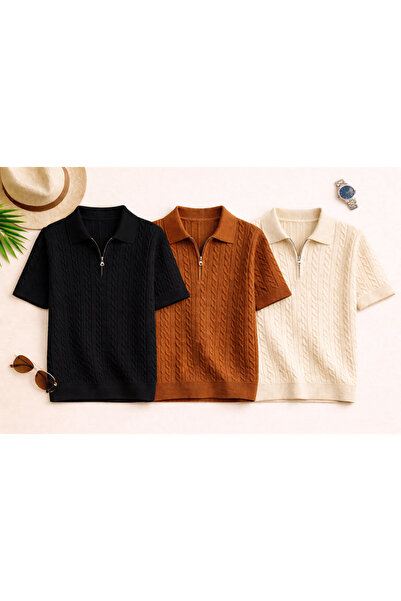 OTAKU Tricou tricotat cu fermoar și guler polo pentru bărbați, set de 3 piese...