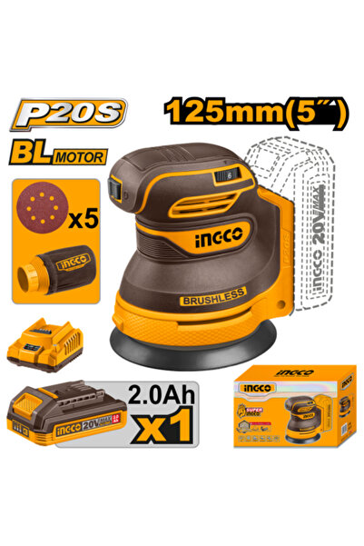 Ingco Cordless random orbit sander 125mm 20v - With charger and battery