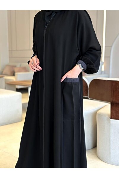 Elena Kayan Black Crepe Winter Abaya, Quarter-Circular, with Zipper Pockets a...