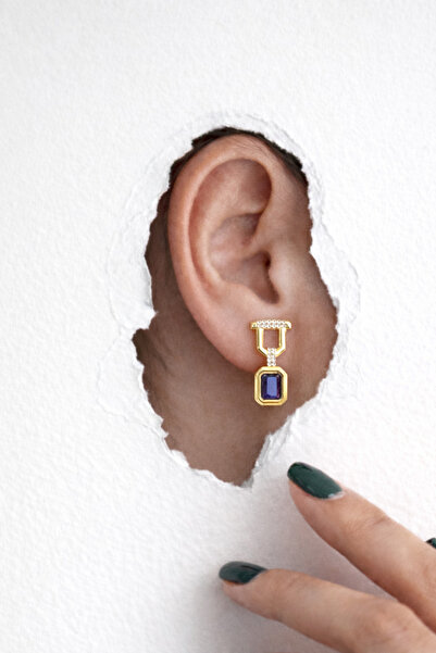 Mope Accessories أقراط متدلية باللون الأزرق الداكن مرصّع بالأحجار باللون الذه...