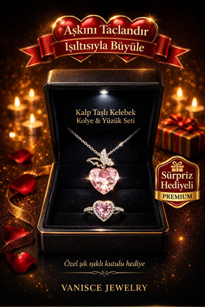 VANİSCE Işıklı Kutuda Pembe Kristal Taşlı Kelebek Kolye,Kalpli Yüzük Ayarlana...