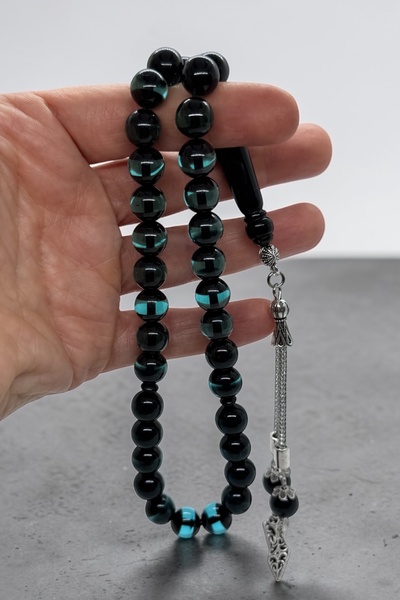 Atolyezone Yeşil sürmeli tesbih küre kesim gümüş kaplama tespih toz kehribar