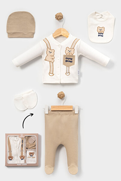 NEU KIDS Beige Cute Bear Series 5-Piece Newborn Set with Salopet Detail