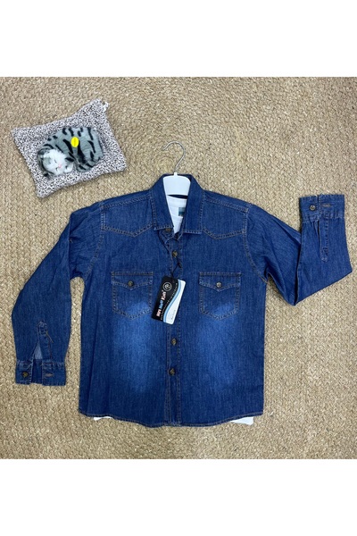 MODA Erkek Çocuk Kot Denim Gömlek Ve Baskılı Tişört 2’li Kombin Takım 9-12 Yaş