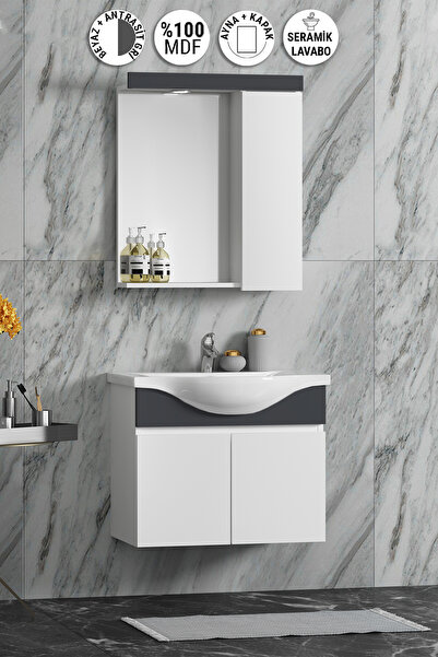 ÖZCEDEN Yıldız 65 cm Beyaz Antrasit Gri MDF Seramik Lavabolu Asma Banyo Dolab...