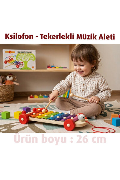 direkstoktan Eğitici Ahşap Ksilofon Tekerlekli Çekçek Oyuncak - Çocuklar İçin...