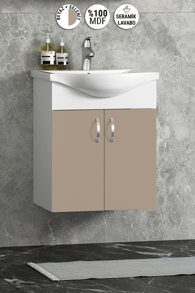 ÖZCEDEN Yıldız 50 cm Selenit MDF Seramik Lavabolu Asma Alt Banyo Dolabı