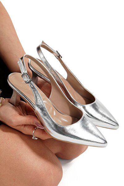 Modabuymus Silver Lamé Short Goblet Heeled Open Back Pointed Evening Dress St...