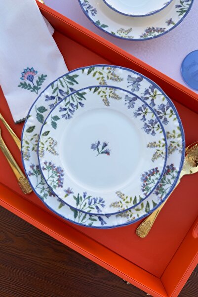 Saatistan Mor Çiçek Desenli 6 Kişilik 19 cm Kanaviçe Porselen Pasta Tabağı Ta...