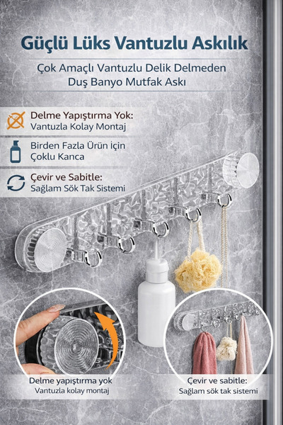 Hane Dostu Güçlü Vantuzlu Çok Amaçlı Askılık Delmeden Montaj Şeffaf Banyo Mut...