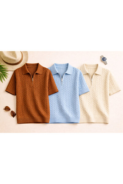 OTAKU Tricou tricotat cu fermoar și guler polo pentru bărbați, set de 3 piese...