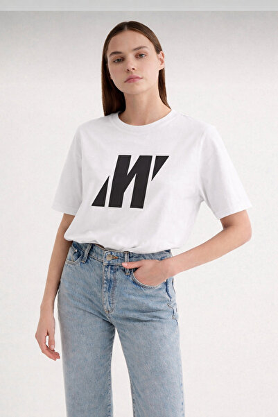 Mavi kadın oversize baskılı rahat yazlık kısa kollu premium kalite tişört