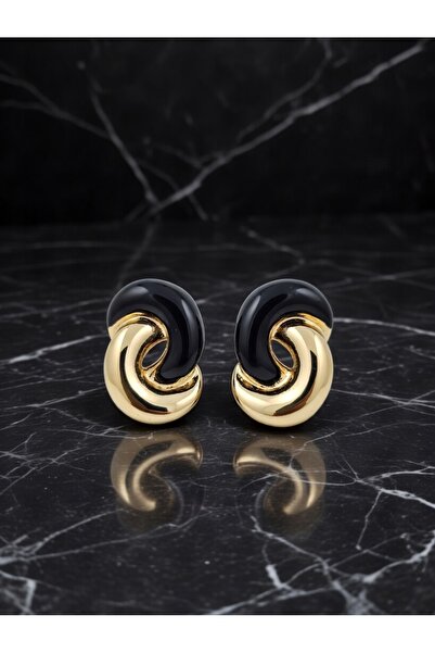 ahsenaksesuar2025 Black Knot Model Gold Color Enamel Knot Shaped Earrings - S...