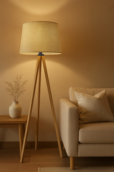 moontime alaçatı Doğal Hasır Krem Ahşap Ayaklı Şık Lambader, Modern ve Sıcak ...