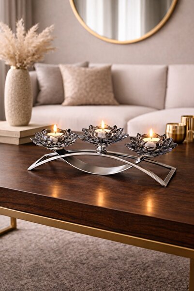 LeylArt 3’lü Gümüș Lotus Cam Şamdan Seti – Metal Ayaklı Dekoratif Mumluk (Mum...