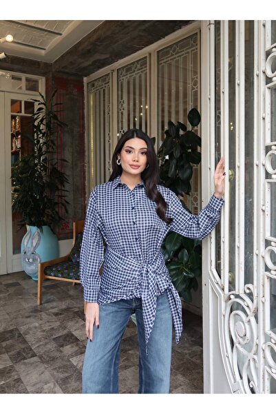 timagna قميص نسائي قماش منقش منقوش بأكمام طويلة وتفاصيل ربط أمامي
