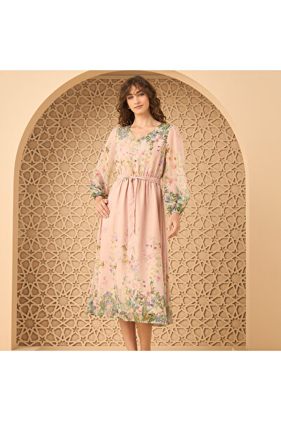 Generic Floral Print Belted V-neck Dress