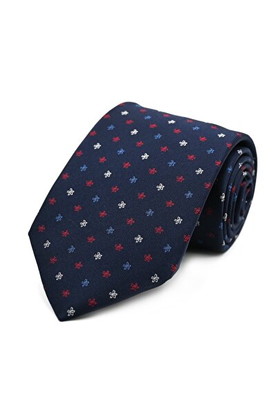 Sade Kravat Navy Blue Red Blue White Small Patterned Special Woven Silk Tie 3...