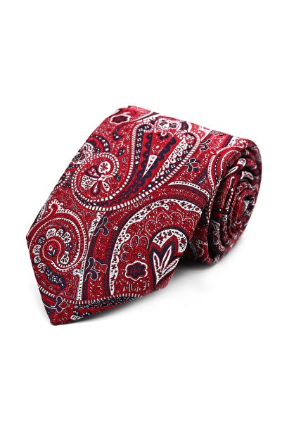 Sade Kravat Red White Navy Blue Shawl Patterned Special Woven Tie 33206 Red