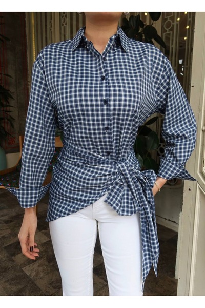 timagna Kadın Ekose Desenli Uzun Kollu Önü Bağlama Detaylı Gömlek