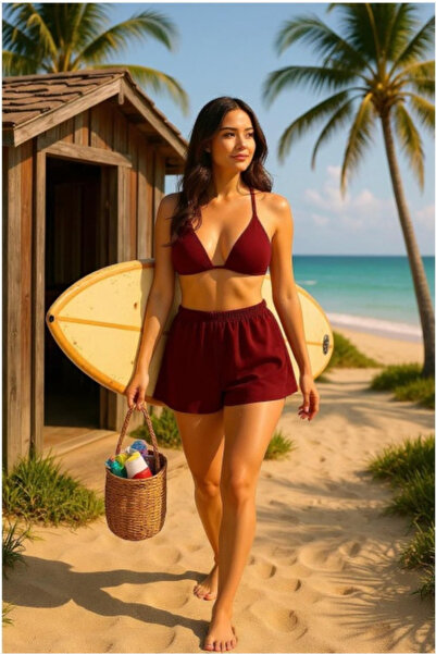 Vielove Kadın Bordo Şortlu Bikini Takımı – Belden ve Boyundan Bağlamalı Üçgen...