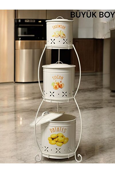 Saatistan 3 Katlı Metal Sebze Kovası, Büyük Boy, Patates ve Soğanlık, Krem renk