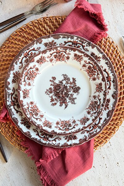 Saatistan 19 cm Antik Rose 6 Kişilik Bordo Çiçek Desenli Porselen Pasta Tabağ...