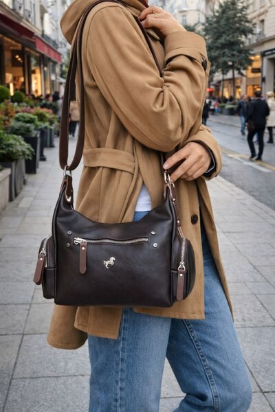 ÇANTAM GELSİN Miami Polo Women's Brown Multi-Compartment Shoulder Bag and Mes...
