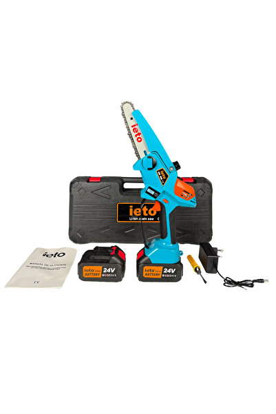 OEM Mini drujbă electrică Ieto, 2 acumulatori 24V 6Ah, lamă 10 cm, ungere aut...