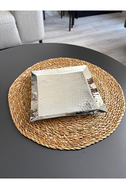 Saatistan Kare Gümüş Renk Dövme Desenli Bakır Sunumluk 20x20 cm