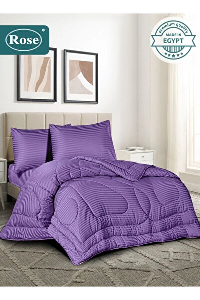 Rose طقم لحاف فندقي مخطط من الألياف الدقيقة، 4 قطع، يناسب سريرًا مفرد مقاس 12...