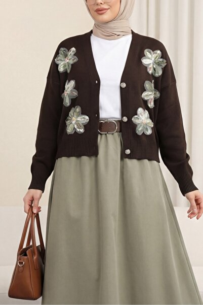 Modamorfo Buttoned Knitwear Cardigan with Sequins and Floral Detail on the Fr...