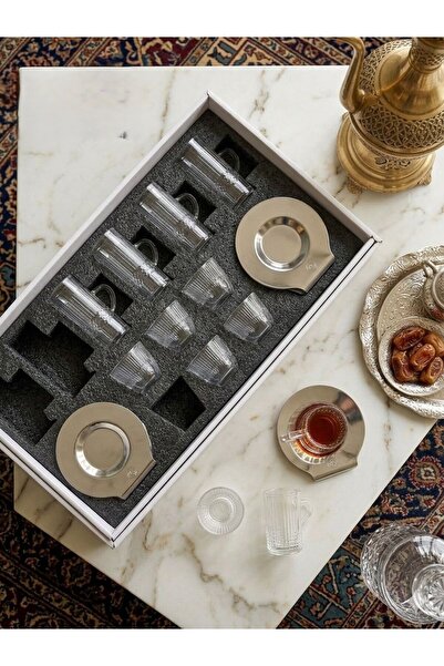 Alamtiaz طقم فناجين شاي وقهوة مع صحون ستيل، تصميم عصري، 18 قطعة