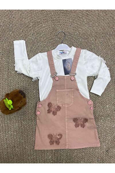 MODA Kız Çocuk Kelebek Nakışlı Salopet Elbise ve Uzun Kollu Bluz Takım 2-10 Y...