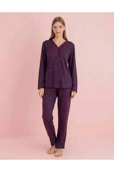 PİJAMERRY Γυναικεία Μπαμπού Ανοιξιάτικη Σετ Πιτζάμες με Δαντέλα Γιακάδες Μακρ...