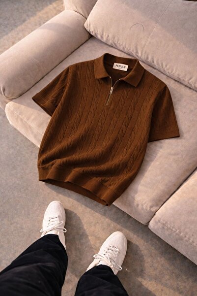 DepoExport Men's Zippered Polo Collar Knitwear T-Shirt Hair Knit Patterned