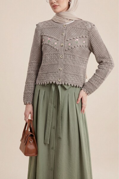 Modamorfo Floral Embroidered Pompom Buttoned Knitwear Cardigan - Earth Color
