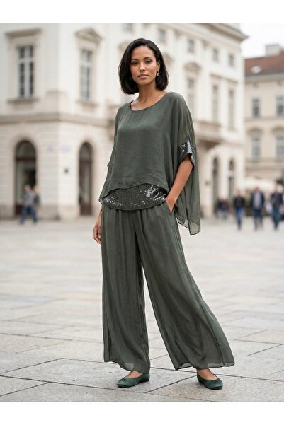 Rabiossa Women's Blouse Pants Silk Set