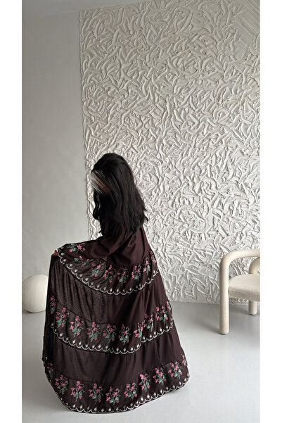 OZA Brown Embroidered Floral Abaya – Elegant Layered Cape Abaya