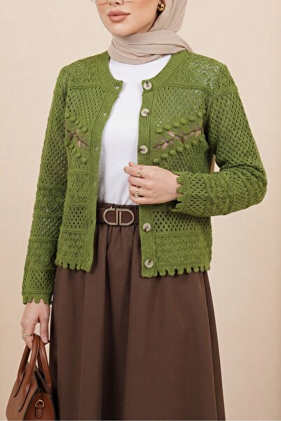 Modamorfo Buttoned Front Embroidered Lace-Like Knit Knitwear Cardigan -F.Green